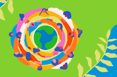 International Women's Day 2022 - graphic of the earth surrounded by a circle of people with arms outstretched on a green and teal blue background with olive branches bracketing the central image