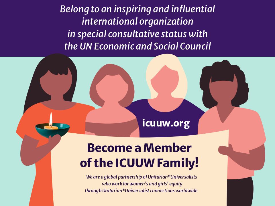 graphic of 4 women holding sign "Become a Member of the ICUUW Family"
