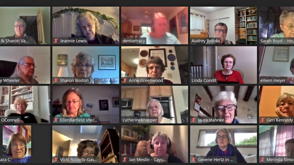 Zoom meeting grid of faces - Join Our Tuesday Gatherings!