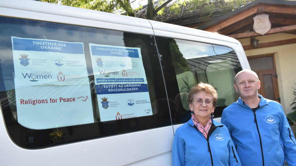 ICUUW Board member Gizella Nagy with Rev. László Szabó, president of Gondviselés/ Providence Charity Organization. Berehove, September 26, 2022.