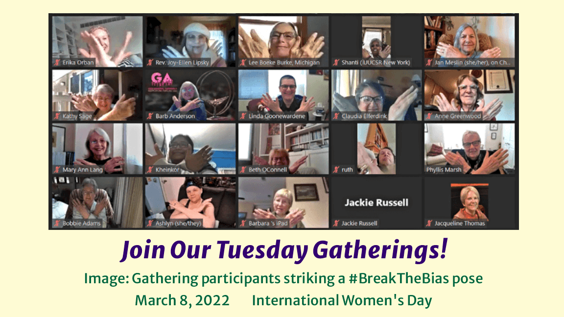 Zoom meeting grid of faces - Join Our Tuesday Gatherings!