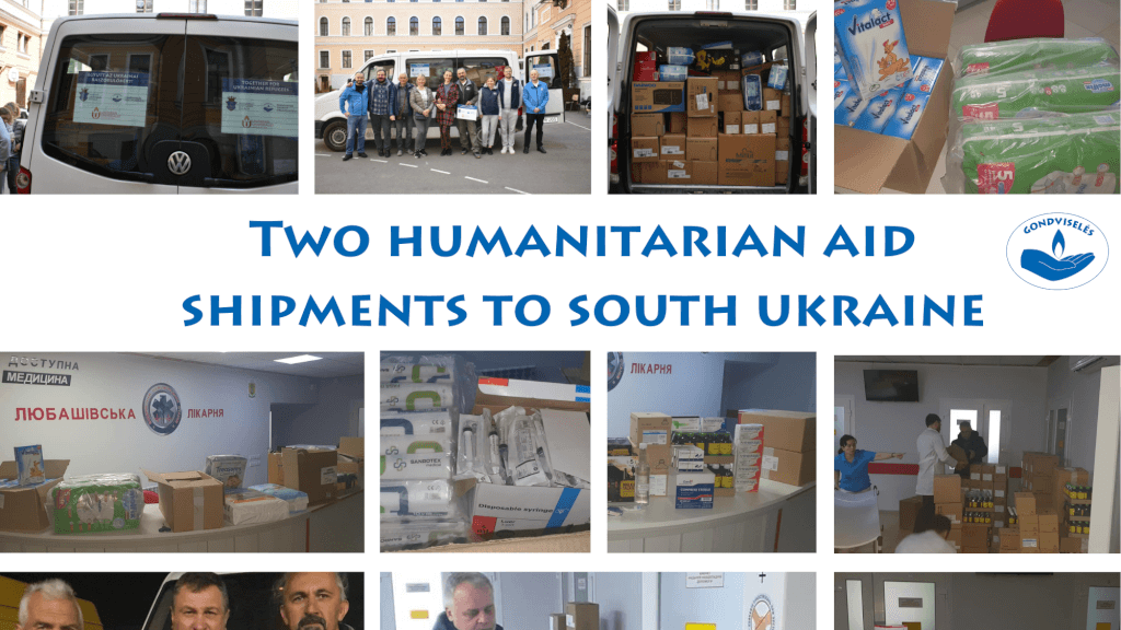 Two Humanitarian Aid Shipments to South Ukraine - text with grid of photos