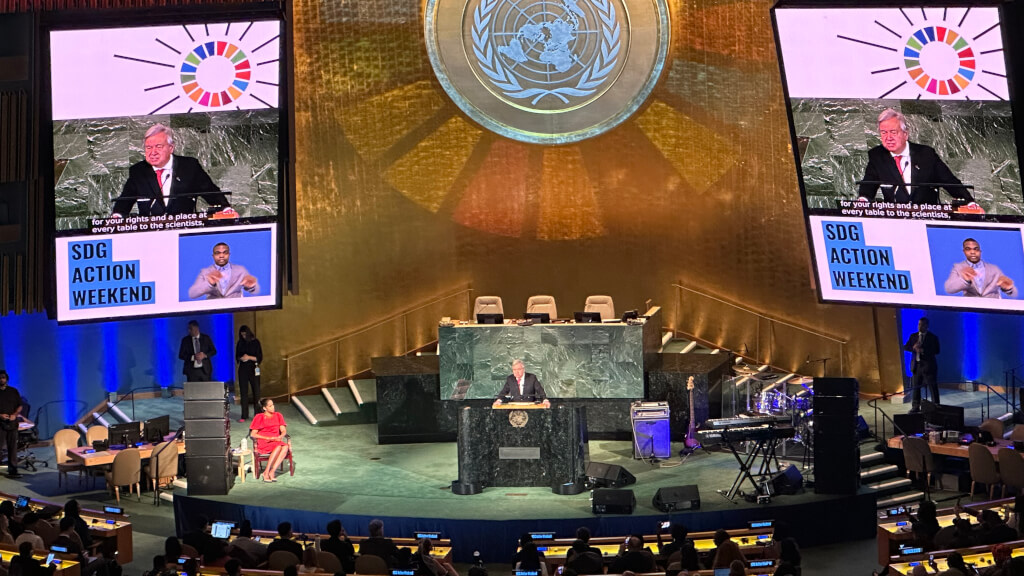 UN Secretary-General António Guterres addresses the representatives from NGOs and activists attending the SDG Action Weekend in New York on September 17-18, warning that the goals are "enormously off track."