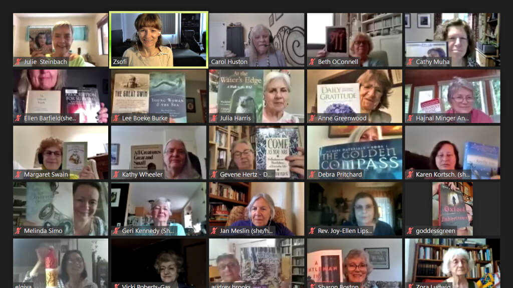 Virtual Gatherings Book List - a gallery of women's faces from Zoom
